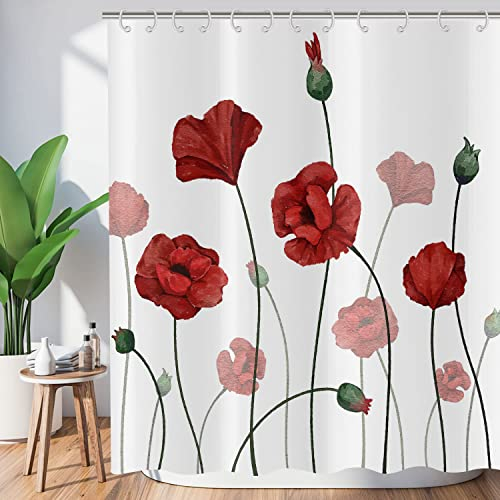 ASDCXZ Duschvorhang Blume 180x200 cm, Handgemalt Frühling Sommer Rot Mohn Blume Pflanzen Waschbar Duschvorhänge Antischimmel Polyester Textil Wasserdicht Duschvorhang für Badewanne mit 12 Haken