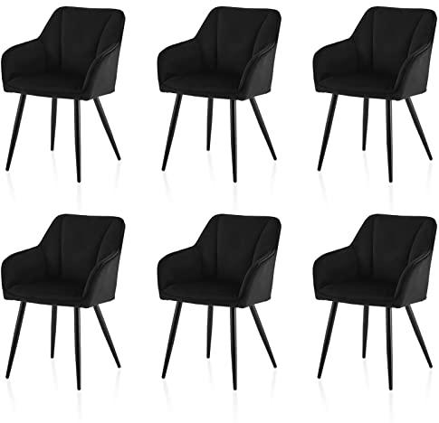 TUKAILAI Esszimmerstühle 6er Set aus Samt,Küchenstuhl Polsterstuhl Armlehnstuhl mit Armlehnen,Rückenlehnen,weiche Sitzpolster,Metallbeinen,Modern Sessel für Küche Esszimmer Wohnzimmer,Schwarz