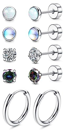 Chriscoco G23 Titan Ohrstecker für Damen Herren Hypoallergen Opal Mondstein Zirkonia Titan Ohrringe Ohrstecker Silber Flache Ohrringe Tragus Knorpel Ohrringe für Frauen