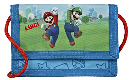 Undercover Geldbeutel Super Mario mit Name personalisiert | Geldbörse zum Umhängen Jungen | personalisierbares Portemonnaie Brustbeutel Kinder blau mit Sichtfenster für Busausweis Mario & Luigi