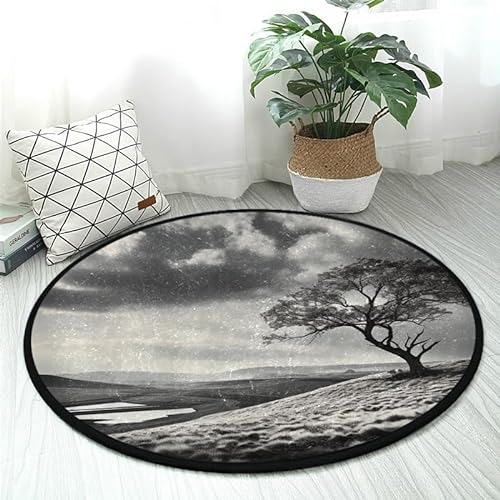 DNOVING Runder Teppich, 91 cm, Schwarz und Weiß, Fototeppich, rutschfest und weich, ideal für Badezimmer, Küche, Wohnzimmer, waschbar, kein Ausfallen