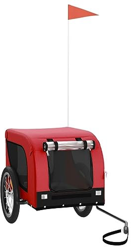 vidaXL Fahrradanhänger für Hunde, Hundeanhänger mit Reflektoren Flagge, Hundetransporter Maximale Belastbarkeit 45kg, Rot Schwarz Oxford-Gewebe Eisen