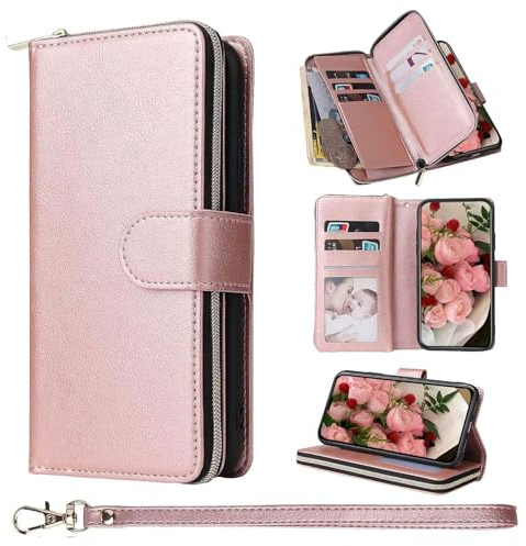 ZCDAYE Wallet Phone Case for iPhone 15, Premium Leather Case with Card Slots Magnetic Closure Zipper Pocket, Retro Elegant Women Ladies Flip Phone Cover Holster for iPhone 15,Rose Gold