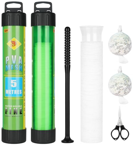 OFFCUP Kit de Maille en PVC de 5 m avec Ciseaux, Filet de Pêche Sacs Filet Bait Soluble dans l'eau PVA, 18 mm de Large, Accessoires de pêche à la Carpe avec Entonnoir et Piston Mesh pour Appâts