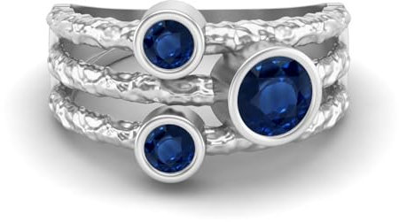 MOONEYE 0,70 Ctw-Runde Blauer Saphir Ring mit geteiltem Schaft, gehämmertes geteiltes Band, 925er-Sterlingsilber, Trio-Stein-Ring Sterlingsilber, 59