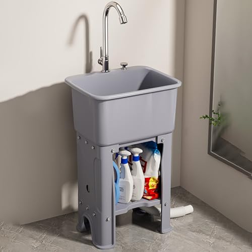 Fregadero de Plástico Fregadero de Cocina Independiente Fregadero de Cocina Comercial de 1 Compartimento con Grifo y Patas y Estante de Almacenamiento para Restaurante Lavandería. ( Color : Gray , Siz