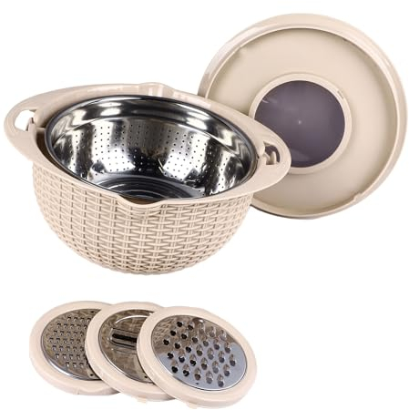 4 in 1 Sieb mit Rührschüssel Set mit Schneidewerkzeugen, Doppellagiger Drehbarer Sieb Ablaufkorb mit Deckel und Schneidemaschine, Edelstahl Siebe und Lebensmittelsiebe Set (Beige)