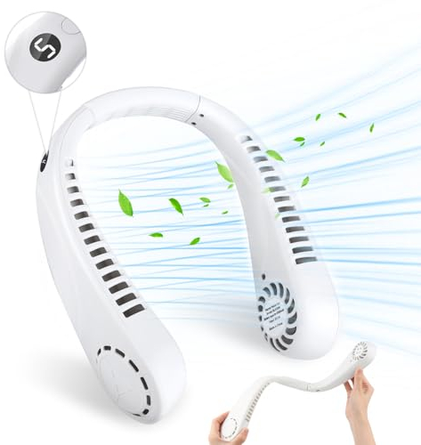 VFANDV Ventilador de Cuello, 3000mAh USB Recargable Portatil 360° Ajustable y 5 Velocidades Ventilador Cuello Portátil Sin Aspas Neck Fan para Deportes Oficina y Viajes en Casa (blanco)