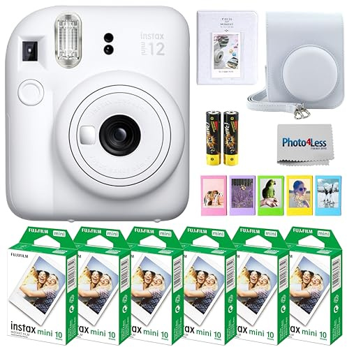 Fujifilm Instax Mini 12 Instant Camera Bundle with Fujifilm Instax Mini Instant Film Value Pack (60 Sheets) with Accessories Including Protective Case, Strap, Photo Album (Clay White)
