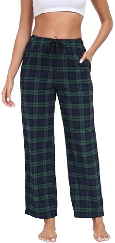 Pantalon de Pyjama Long à Carreaux pour Femme 100% Coton Bas de Pyjama Chaud Vêtements de Pantalon de Doux Loisirs Légeravec Poches et Cordon de Serrage, Bleu et Vert, XL