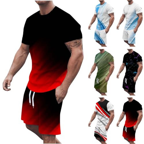 XINYUNZU Trainingsanzug Herren Jogginganzug Kurz Sportanzug Freizeitanzug 2 Teiler Casual Outfit Sommer Kurze Hosen + T-Shirt Tracksuit Sport Set Hausanzug Männer Sale Rundhals Oberteile Rot L