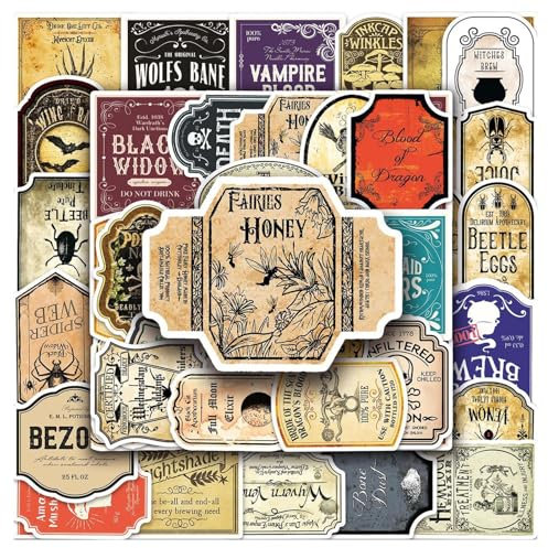 50 Vintage Ma-gic Potion Stickers - Aesthetic Label Stickers for Halloween Decorative Waterproof Cool Sticker for Phone Laptop Water Bottle Apothecary