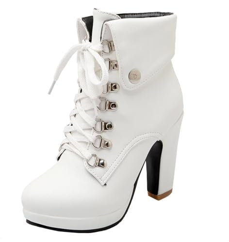 HSyc JRX Mujer Tacones altos Tacón bloque Botines con cordones y plataforma Botas Zapatos, Blanco, 40 EU