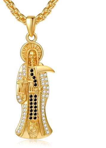 KATHLU Santa Muerte Halskette 14K Gold plattiert Sterling Silber kubischer Zirkon Santa Muerte Anhänger Sichel Urlaub Geschenk