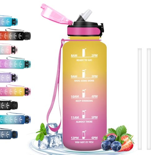 Gourde Sport, Gourde 1.5L anti Fuite, Gourde Paille qui Peut être Transporté avec Vous, Gourde Adulte avec Slogan de Motivation, Facile à Nettoyer, Bouteille d'eau pour Running, Randonnée, Camping