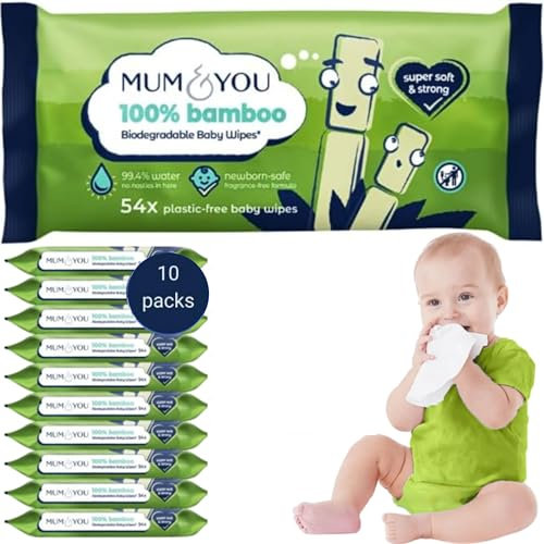 Mum & You Bamboo Baby Wipes Multipack - 100% Biodegradable Wet Bamboo Wipes (12 Packs), 99.4% Water Wipes for Sensitive Newborn Skin, Baby Wipes Bulk, Bum Wipes, Wet Tissue,Eco-Friendly wet wipes baby