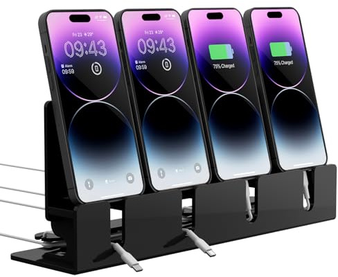 CaSZLUTION 4 Phones Acrylic Multiple Cell Phone Stand | Desktop Mobile Phone Docking Station Charging Holder, Organizer with Rear Cable Management, Black, Stand Only