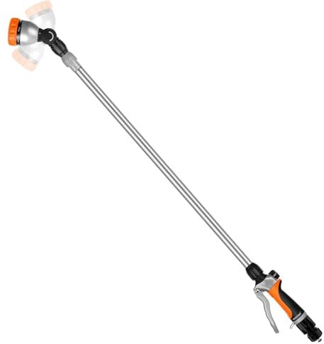 Restmo Lanza de Riego Telescópica 92-152 cm de Metal, Largo Pistola de Riego para Jardín con Cabeza Giratoria 180°, 7 Modos de Pulverización Ajustable, para Macetas Colgantes y Arbustos, Naranja