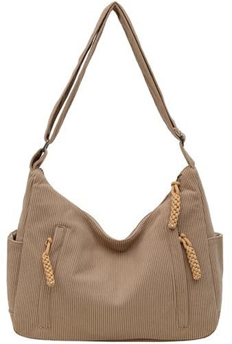 VOKUVIKU Unisex Cord Tasche Umhängetasche Schultertasche groß Damen Shopper Tasche Fashion Stofftasche für Alltag Büro Schule Reisen, braun