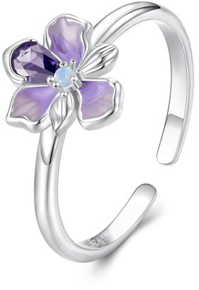 Qings Silberring Damen 925 Silber Blume Ringe Verstellbar Lris Blumenring Minimalistischer Ring Lila Öffnen Silber Ringe Schmuck für Frauen Mädchen