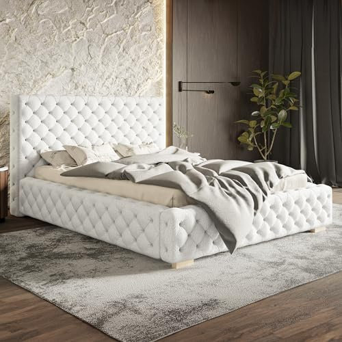 MOTIVENA Dianna Chesterfield Bett 200x200, Polsterbett 200x200, mit Bettkasten, mit Stauraum, mit Lattenrost, mit Kopfteil, Martatze H2/H3, Bett Boucle, Milch Weiß