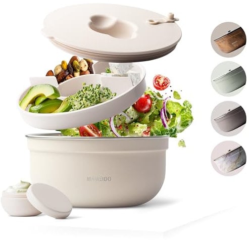 MAMEIDO Salatbox to go 1,5l, Bowl Lunchbox Erwachsene aus Edelstahl, Bento Box BPA-frei mit Fächern & auslaufsicherem Dressingbehälter, Essensbox Meal Prep (Ivory Beige, 1500ml)