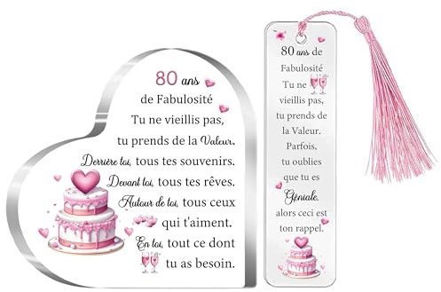 80ème Anniversaire Cadeau 80 ans Femmes Plaque Acrylique Marque-pages Ensemble de 2 Pièces 80 Ans Cœur Panneaux de Bureau Signet Maman Amies Personnalisé Joyeux Cinquantième Mamie Tante Marraine