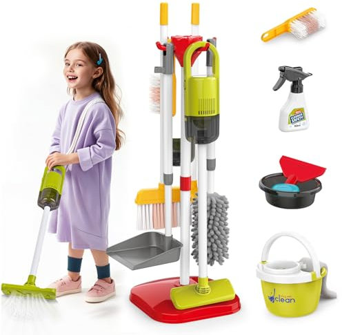 Kids Cleaning Toys Set,14PCS Toddler Cleaning Toys with Broom and Dustpan Mop set, 2in1 Vacuum That Really Works,Toddler Vacuum Cleaner, Pretend Play Cleaning Supplies for Boys Girls Age 3-8 (Red)