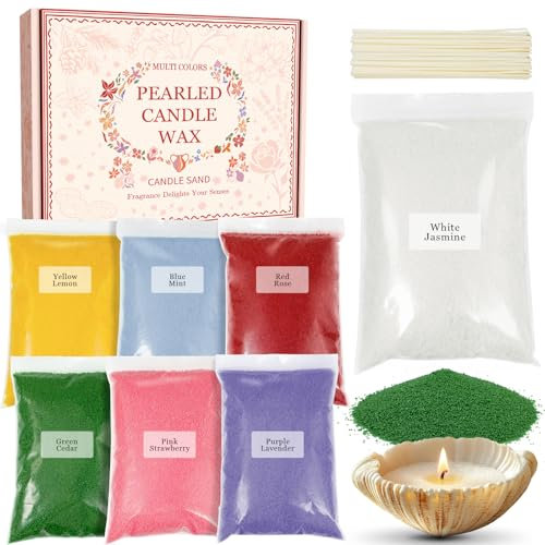 Scent-Hi Kerzensand, 1.1kg Duft Kerzensand, Kerzenwachs Granulat 7 Farben mit 15 Dochte, Wachsgranulat für Wachskerze Selber Machen - Jasmin, Lavendel, Rose, Zeder, Erdbeere, Zitrone, Minze