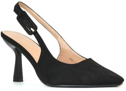 Women's Heeled Court Shoes Ladies Stiletto Mid High Heel Black Faux Suede Classic Slingback Cloesed Toe Pumps Size 6