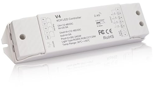 JOYLIT LED Streifen Controller 12-48V 4 Polig 5A/CH 4 in 1, 2.4G PWM Dimmbarer Farbwechsel RGB RGBW CCT Einfarbig Licht Strip Controller, Kompatibel mit V1 V2 V3 VP T1 T2 T3 T4 (Ohne Fernbedienung)