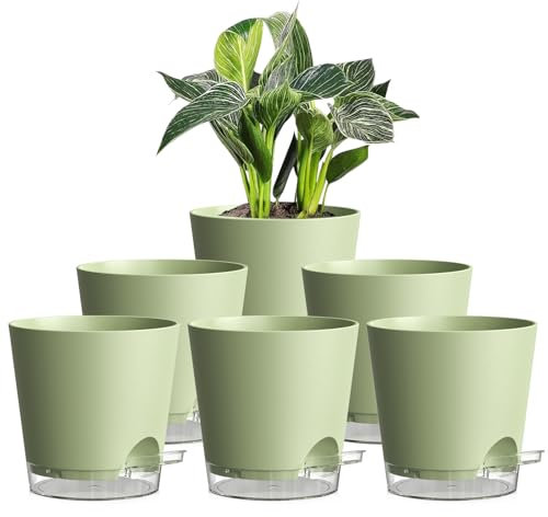 15cm Self Watering Plant Pots Indoor, 6 Pack Plastic Planters with Drainage Holes & Saucer, Ideal for All Indoor Outdoor House Plants(Green With Transparent Drainage)