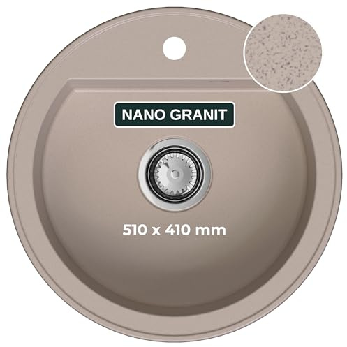 SINK QUALITY Spülbecken Rund Beige Ø 51 cm - Siphon und Imprägniermittel inklusive - Küchenspüle Rund aus Granit - Granitspüle Beige für Unterschränke ab 55 cm Breite - Einbauspüle Granit