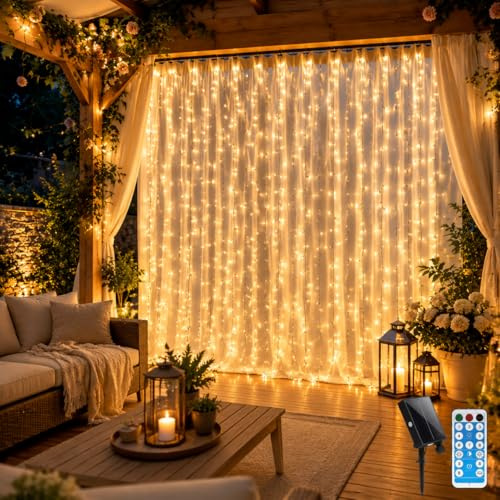 CERIAL Solar Curtain Lights Outdoor Indoor, 2M X 2M 204LEDs Waterfall Curtain Fairy Lights String,Backdrop Hanging Lights Outside Garden Solar Lights with Remote,Waterproof for Window Gazebo