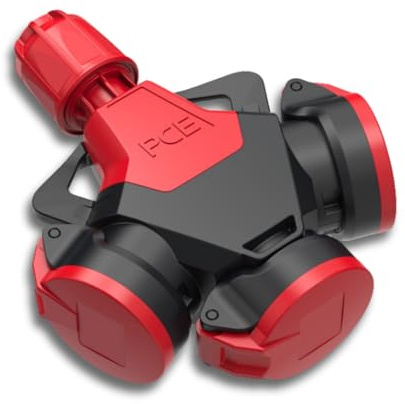 PCE 253722-sr 3-Wegekupplung Taurus2 Vollgummi - IP54 Schuko-Verteiler | Wetterbeständiger 3-fach Stromverteiler für Außenbereich und Baustelle, Typ F Kupplung mit Klappdeckel, Schwarz/Rot