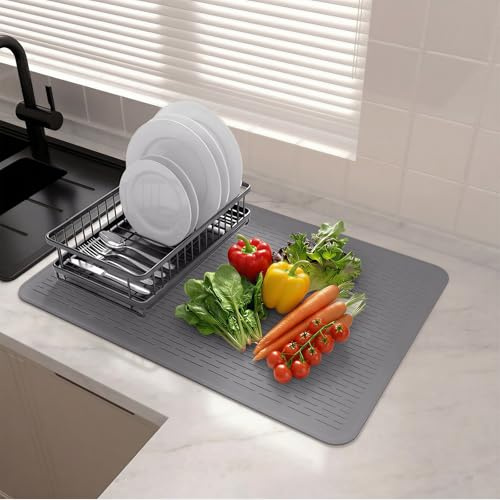 Extra Large Silicone Dish Drying Mat, 50 x 70 cm Non-Slip & Reusable, Heat Resistant and Absorbent for Counter, Sink, Refrigerator or Drawer Storage, Easy Clean Kitchen Drain Mat ( Grey)
