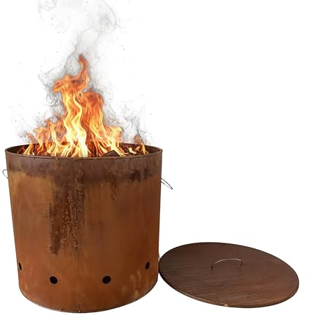 Relaxdays Tonneau à feu en Acier Corten, Aspect rouillé, H45xD49,5cm, brasero avec Couvercle, Brun rougeâtre XL