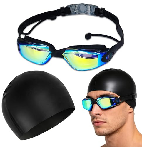 KASESSS Set De Gafas Natacion Antiempañamiento Y Gorro Piscina, Gafas Natacion Hombre Mujeres Visión Panorámica De 170°Con Tapones De Oído Integrados, Protección Uv, Impermeables Swimming Goggles