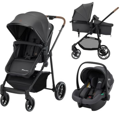 Bebeconfort Haze Trio Lux, Baby Kinderwagen 3 in 1 mit Kindersitz (i-Size), 0–4 Jahre (max. 22 kg), 2-in-1 Sitzeinheit, Liegeposition, Kompakt Klappbar, Leichtes Kinderwagen Set, Mineral Graphite