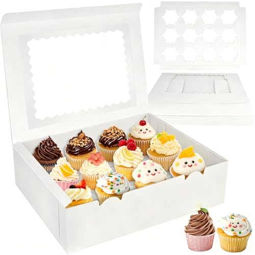 Otauoaea 10Stk Cupcake Transportbox, 12 Löcher Cupcakes Muffins Transport Box, Cupcake Box Kuchenbox mit Transparentes Fenster, Kuchen Transportbox für Kuchen, Macarons, Muffins