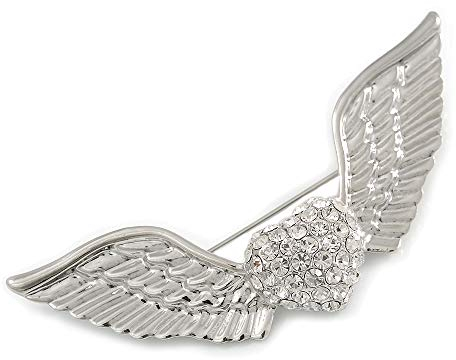Broche cœur et ailes en cristal (ton argent), taille unique, Pierre précieuse, métal, argent