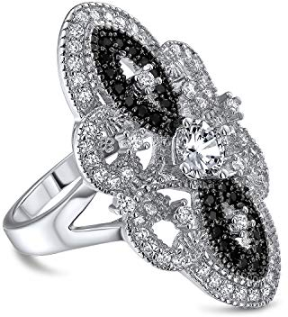 Art Deco Stil Schwarz Weiß CZ Filigran Breite Mode Statement Rüstung Vollfingerring Für Frauen Versilbertes Messing