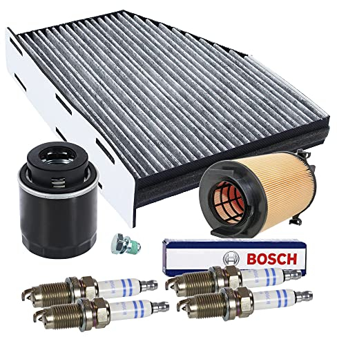 BESTPRICE Inspektionspaket Filterset mit 1x Luftfilter, 1x Innenraumfilter (Pollenfilter) mit Aktivkohle, 4x Zündkerze Doppelplatin FR6HI332, 1x Ölablassschraube mit Dichtung