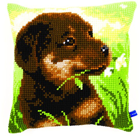 VERVACO Kreuzstich Stickpackungen Kissen Stickerei Set Anfänger Vorgedruckt Kleiner Welpe DIY Set Kreativ Set Für Erwachsene Dekoratives Kissen ca. 40 x 40 cm Bastelset Handwerker Haus Dekoration