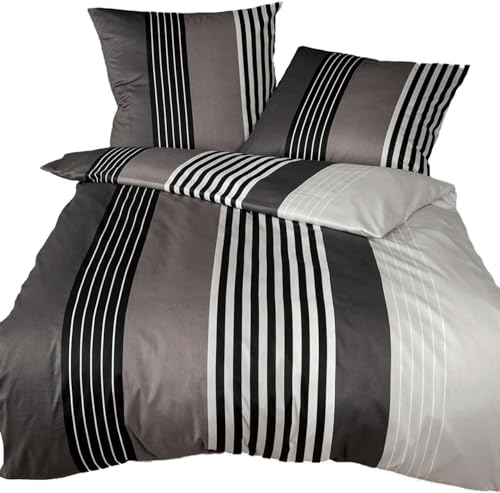 Janine Mako Satin Bettwäsche J.D. 155x200 cm + 80x80 cm schwarz-Taupe aus naturreiner gekämmter Mako Baumwolle