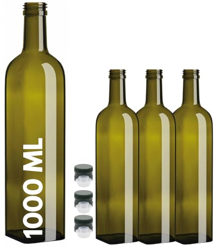 acquaverde | 3 Bottiglie Marasca in Vetro Scuro Uvag, Bottiglia Quadra per Olio e Liquore, 1000 ml con Tappo Dosatore