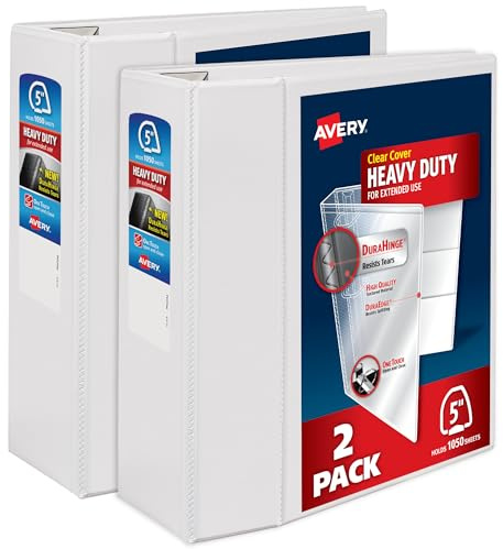 Avery Heavy-Duty View 3 Ring Binder, 5 Inch One Touch EZD Rings, 1,050-Sheet Capacity, 2.3/4.8 Inch Wide Spine, Customizable Clear Cover and Spine, 1 White Binder (79106)