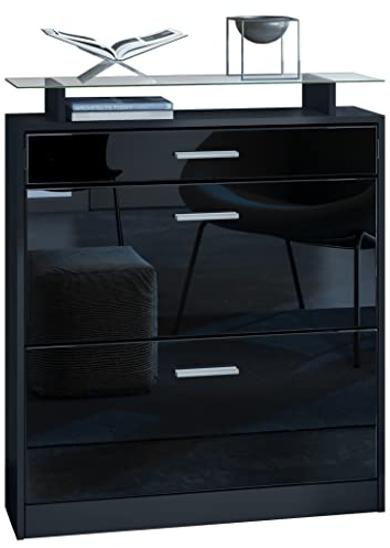 Vladon Schuhschrank Loret, Schuhkipper für 16 Paar Schuhe mit 2 Klappen und 1 Schublade und Glasablage, Schwarz matt/Schwarz Hochglanz (89 x 104 x 23 cm)