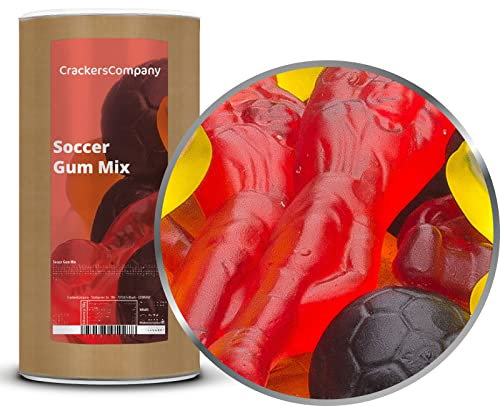 1 x 1000g Fruchtgummi Fußball Fußballmischung mit Spieler Ball und Pokal rot schwarz gelb für WM und EM Partys glutenfrei laktosefrei