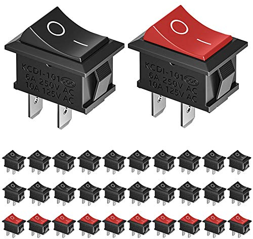 KeeYees 30 Stücke Druckschalter AC 6A / 250V 10A / 125V, 20 Stück 2-Polig Boot Schwarz Kippschalter + 10 Stück Rot SPST EIN/Ausschalter